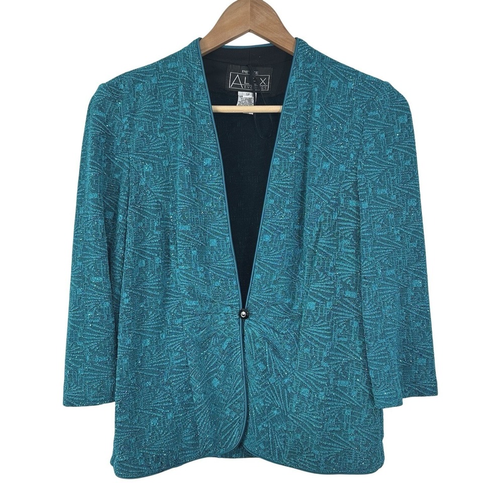 Alex Evenings Jacket Petite Small Teal Blue Glitter Open Front Holiday Vintage